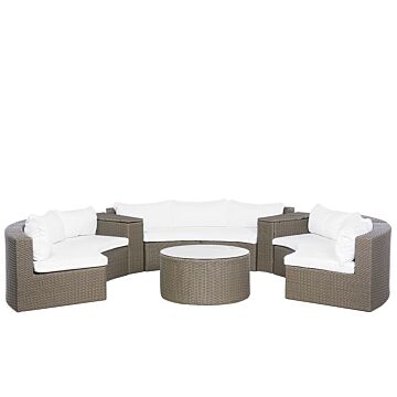 Garden Corner Sofa Set Brown Faux Rattan U-shaped 9 Seater Curved White Cushions With Table Outdoor Wicker Conversation Set Beliani
