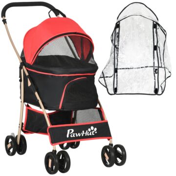 Pawhut Detachable Pet Stroller With Rain Cover, 3 In 1 Cat Dog Pushchair, Foldable Carrying Bag W/ Universal Wheels, Brake, Canopy, Basket, Storage Bag For Small And Tiny Dogs - Red