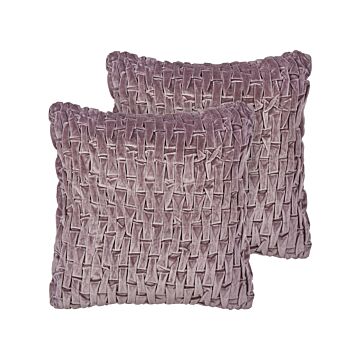 Set Of 2 Decorative Cushions Violet Velvet 45 X 45 Cm Modern Traditional Living Room Bedroom Pillow Beliani