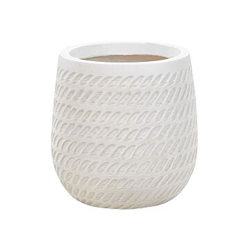 Plant Pot Off-white Fibre Clay ⌀ 19 Cm Round Outdoor Flower Pot Embossed Pattern Beliani