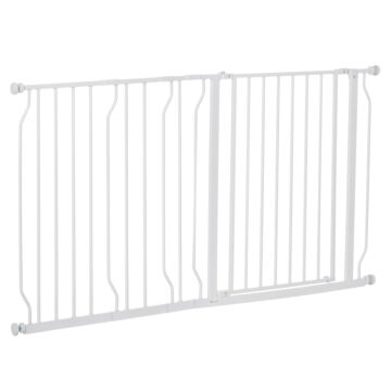 Pawhut Dog Gate Extra Wide Stairway Gate For Pet With Door, 76h X 75-145wcm, White