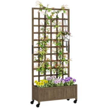Outsunny Wooden Trellis Planter, Raised Garden Bed With Wheels And Bed Liner, To Climb And Grow Vegetables, Herbs And Flowers