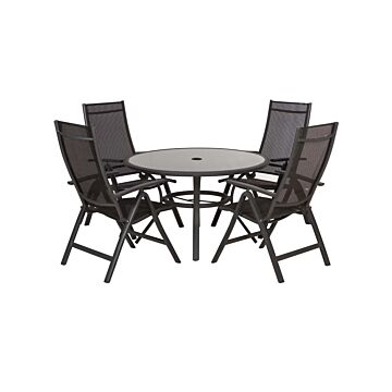 Sorrento Black 4 Seater Round Dining Recliner Set 120cm Round Table With Black Glass Top And 4 Black (4*4) Textylene Multi Position Recliner Chairs