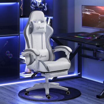 Vinsetto Racing Gaming Chair, Reclining Pu Leather Computer Chair With 360 Degree Swivel Seat, Footrest, Removable Headrest And Lumber Support, White And Grey