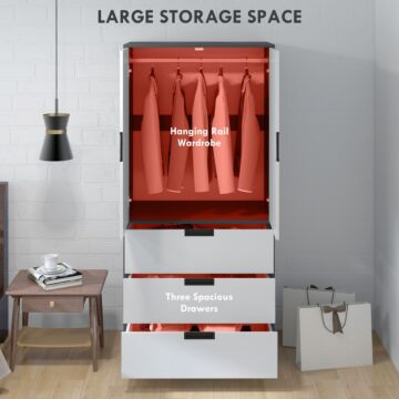 Homcom 2 Door Wardrobe, Modern Wardrobe With 3 Drawers And Hanging Rod, Grey