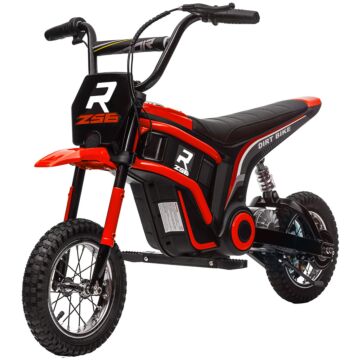 Homcom 24v Electric Motorbike, Dirt Bike With Twist Grip Throttle, Music Horn, 12" Pneumatic Tyres, 16 Km/h Max. Speed, Red