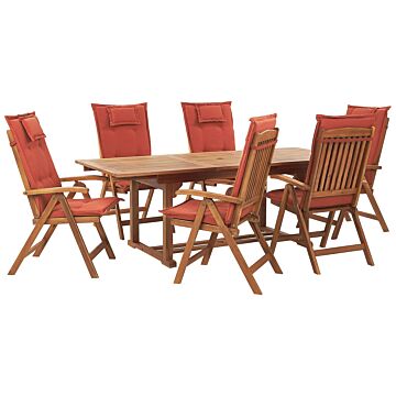 Garden Dining Set Acacia Wood With Red Cushions 6 Seater Adjustable Foldable Chairs Outdoor Country Style Beliani