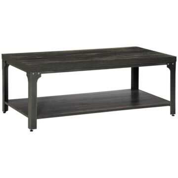 Homcom Rustic Coffee Table With Storage Shelf, Cocktail Table With Steel Frame And Thickened Top For Living Room, Dark Walnut