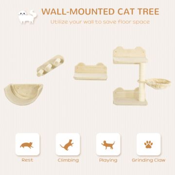 Pawhut 4pcs Wall-mounted Cats Shelves, Cat Climbing Shelf Set, Kitten Activity Center With Hammock Nest Scratching Post Jumping Platform, Beige