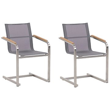 Set Of 2 Garden Chairs Grey Synthetic Seat Stainless Steel Frame Cantilever Style Beliani