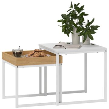 Homcom Set Of Two Boxy Nesting Tables - White/wood-effect