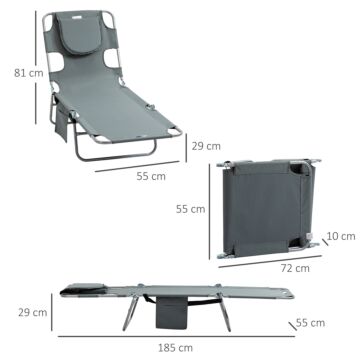 Outsunny Beach Chaise Lounge With Face Cavity & Arm Slots, Portable Sun Lounger, Reclining Lounge Chair 5-position Adjustable Backrest Grey