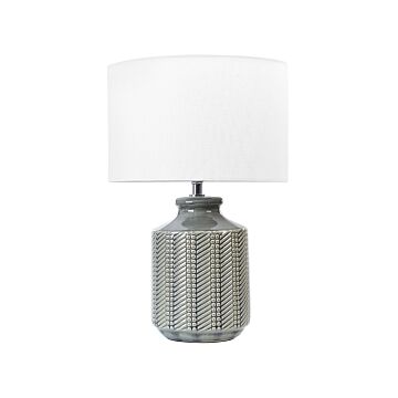 Table Lamp Grey Ceramic 44 Cm White Drum Shade Handmade Geometric Pattern Bedside Living Room Bedroom Lighting Beliani