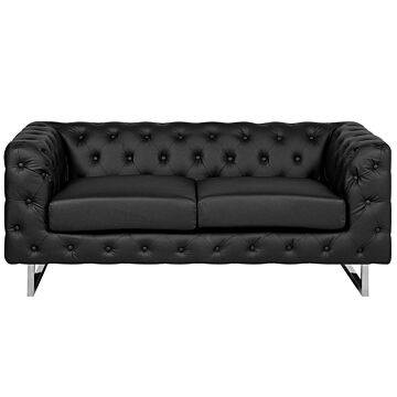 2 Seater Chesterfield Style Sofa Black Tuxedo Arms Buttoned Back Silver Legs Faux Leather Beliani