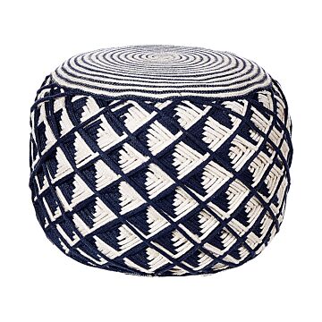 Garden Pouf Navy Blue And Beige Synthetic Material Round Ø 50 Cm Outdoor Ottoman Handwoven Boho Style Beliani