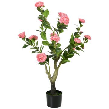 Homcom Artificial Plant Camellia Flower In Pot, Fake Plant For Indoor Outdoor, 95cm, Pink