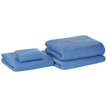 Set Of 4 Towels Blue Cotton Zero Twist Guest Hand Bath Towels And Bath Mat Beliani