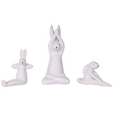 Bunny Figurines White Set Of 3 White Finish Ceramic Easter Handmade Yoga Pose Table Decor Beliani