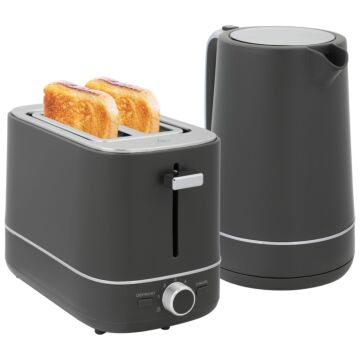 Homcom Kettle And Toaster Set, 1.7l 3000w Fast Boil Kettle & 2 Slice Toaster Kitchen Set With 6 Level Browning Controls, Defrost, Reheat, Grey