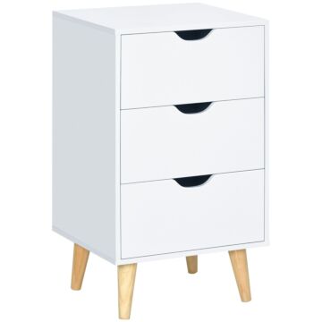 Homcom Bedside Table, Bedside Cabinet With 3 Drawers, Small Side Table With Wood Legs And Cut-out Handles For Bedroom, Cream White