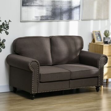 Homcom Two Seater Sofa, Fabric Sofa Couch With Nailhead Trim, Loveseat Sofa Settee, Dark Brown