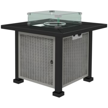 Outsunny Square Gas Fire Pit Table, Rattan Smokeless Fire Pit With Glass Screen And Beads, Lid, 50000 Btu, 81x81x64cm, Grey