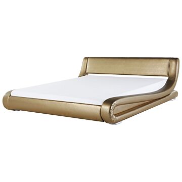Platform Bed Frame Gold Genuine Leather Upholstered 6ft Eu Super King Size Sleigh Design Beliani