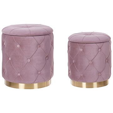Set Of Storage Pouffes Pink Polyester Velvet Button Tufted Upholstery Golden Base Retro Design Beliani
