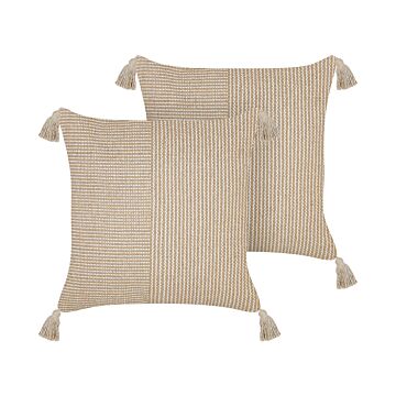 Set Of 2 Scatter Cushions Beige Cotton 45 X 45 Cm Pillow Cover Solid Pattern With Polyester Filling Beliani