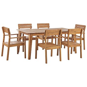 Garden Dining Set Light Acacia Wood Table 180 X 90 Cm 6 Outdoor Chairs With Armrests Rustic Style Beliani