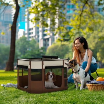 Pawhut Foldable Dog Pen With Storage Bag For Indoor/outdoor Use, Brown