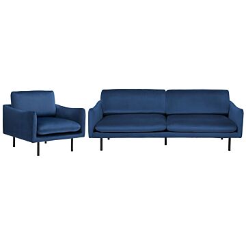 Living Room Set Blue Velvet Fabric Black Legs Corner Sofa 3 Seater Armchair Modern Retro Style Beliani