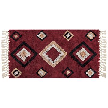 Area Rug Red Cotton 80 X 150 Cm Rectangular With Tassels Diamond Pattern Boho Oriental Style Beliani