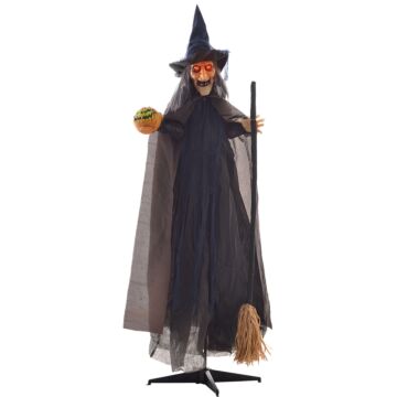 Homcom 190cm 75" Witch With Broomstick Outdoor Halloween Decoration, Halloween Animatronic With Sound Activated, Light Up Eyes, Sound Effects