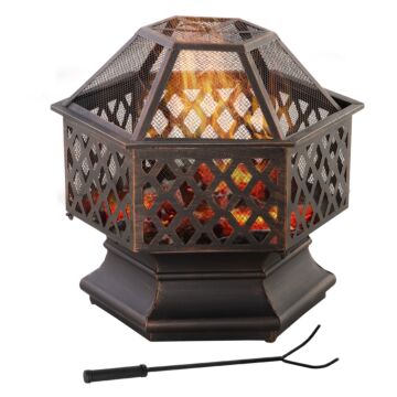 Outsunny Outdoor Fire Pit With Screen Cover, Portable Wood Burning Firebowl With Poker For Patio, Backyard, Bronze