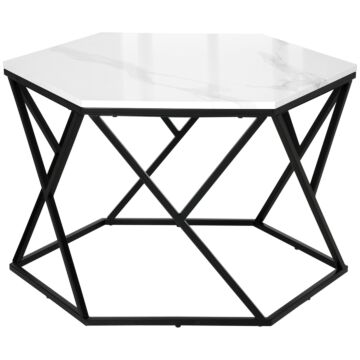 Homcom Coffee Table With High Gloss Marble Tabletop, Modern Cocktail Table With Steel Frame For Living Room, White