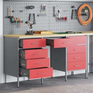 Vidaxl 3-piece Work Cabinet And Table Set In Red Engineered Wood And Steel