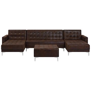 Corner Sofa Bed Brown Faux Leather Tufted Modern U-shaped Modular 5 Seater With Ottoman Chaise Lounges Beliani