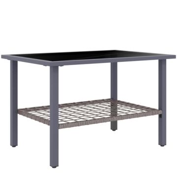 Outsunny Outdoor Rattan Coffee Table With Tempered Glass Top, Storage Shelf, Foot Pads, For Patio, Balcony, Mixed-grey