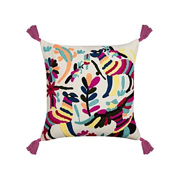 Scatter Cushion Multicolour Cotton Wool 50 X 50 Cm Animal Motif Handmade Embroidered Removable Cover With Filling Boho Style Beliani