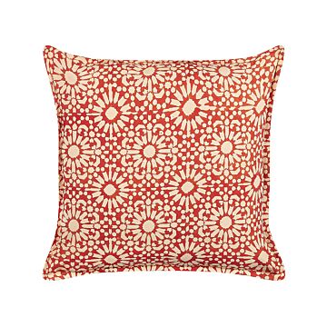 Decorative Cushion Red Cream Cotton Geometric Pattern 45 X 45 Cm Folk Design Decor Accessories Beliani