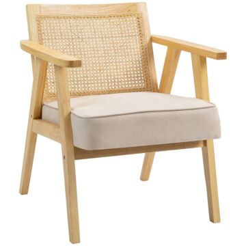Homcom Bohemian Armchair, Fabric Accent Chair With Rattan Back, Rubber Wood Frame And Padded Seat Cushion For Living Room, Bedroom, Home Office, Natural Wood Finish