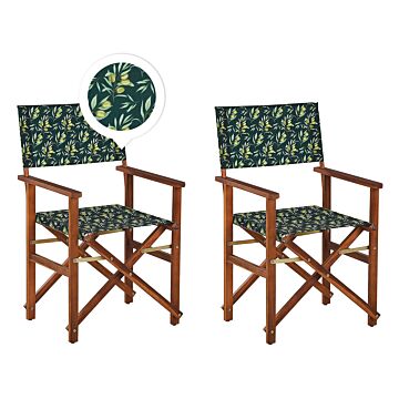 Set Of 2 Garden Director's Chairs Dark Wood With Off-white Acacia Olives Pattern Replacement Fabric Folding Beliani