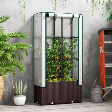 Outsunny Raised Garden Bed With Trellis, Plastic Planter Box With Drainage Holes And Drain Plugs For Climbing Plants, Vegetables, Flowers, 80 X 40 X 140 Cm