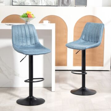 Homcom Adjustable Bar Stools Set Of 2 Counter Height Barstools Dining Chairs 360° Swivel With Footrest For Home Pub, Blue