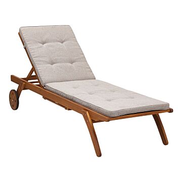 Garden Sun Lounger Light Wood Acacia With Beige Cushion Reclining On Wheels With Table Beliani