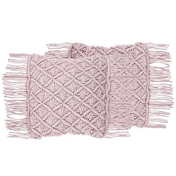 Decorative Cushion Set Of 2 Pink Cotton Macramé 40 X 40 Cm With Tassels Rope Boho Retro Decor Accessories Beliani
