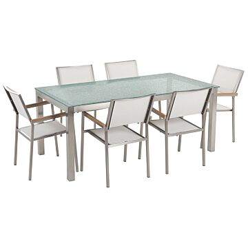 Garden Dining Set White With Cracked Glass Table Top 6 Seats 180 X 90 Cm Beliani