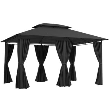 Outsunny 4m X 3(m)garden Gazebo, Double Roof Outdoor Gazebo Canopy Shelter With Curtains, Solid Steel Frame For Patio, Garden, Black