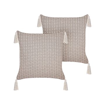 Set Of 2 Scatter Cushions Taupe 42 X 42 Cm Throw Pillow Geometric Pattern Tassels Removable Cover With Filling Beliani